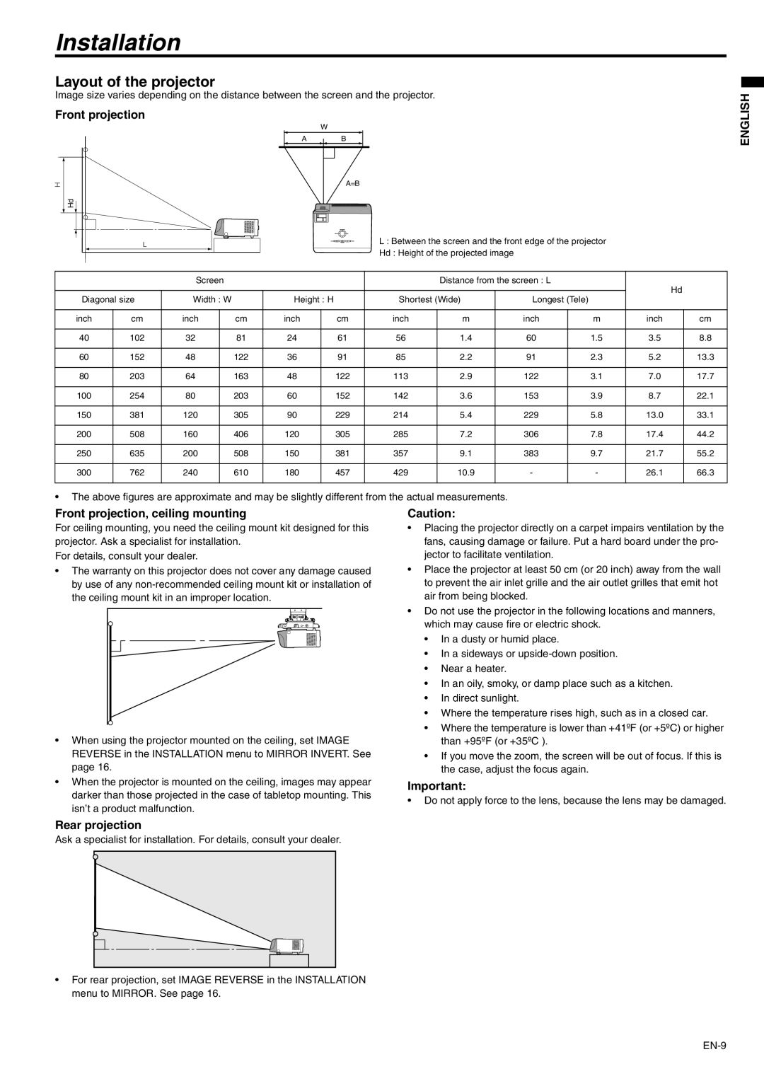 Mitsubishi Electronics SD105U user manual Installation, Layout of the projector, Front projection, ceiling mounting 