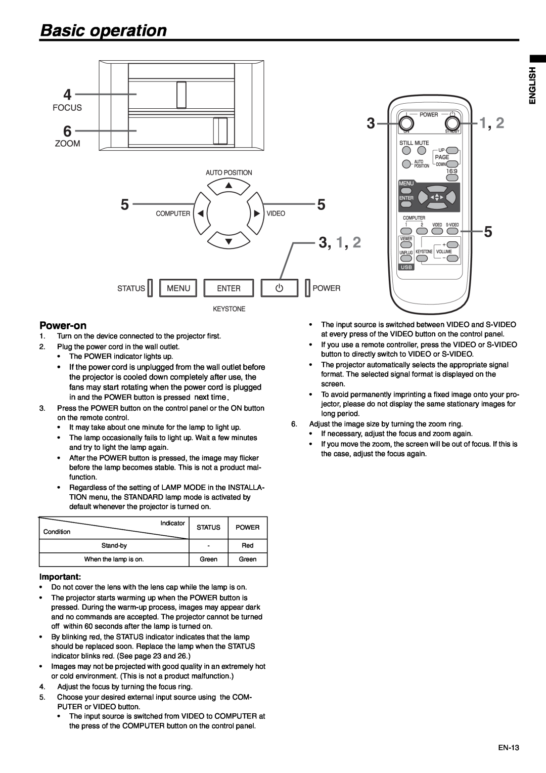 Mitsubishi Electronics SD105U user manual Basic operation, Power-on, 3, 1, English 
