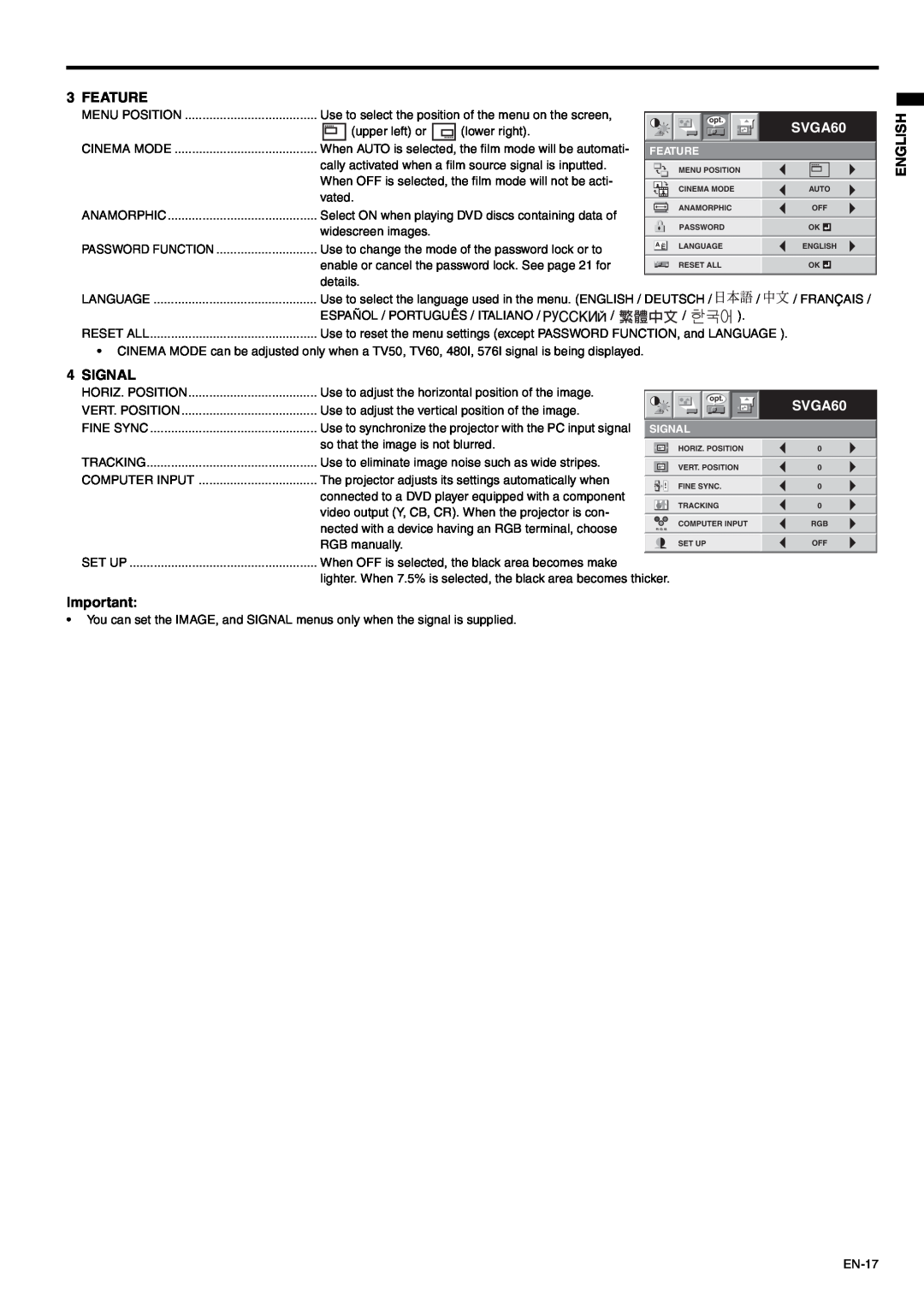 Mitsubishi Electronics SD105U user manual Feature, Signal, English, SVGA60 