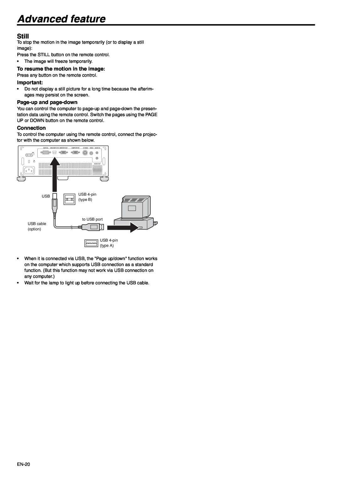 Mitsubishi Electronics SD105U user manual Advanced feature, Still, To resume the motion in the image, Page-up and page-down 
