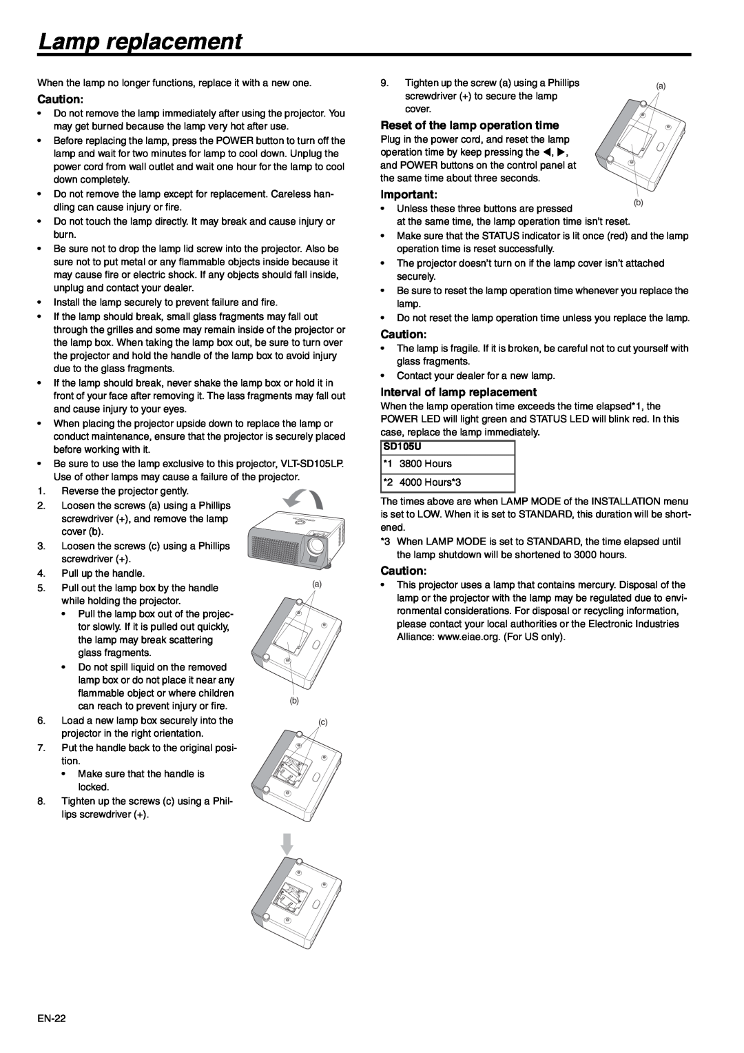 Mitsubishi Electronics SD105U user manual Lamp replacement, Reset of the lamp operation time, Interval of lamp replacement 