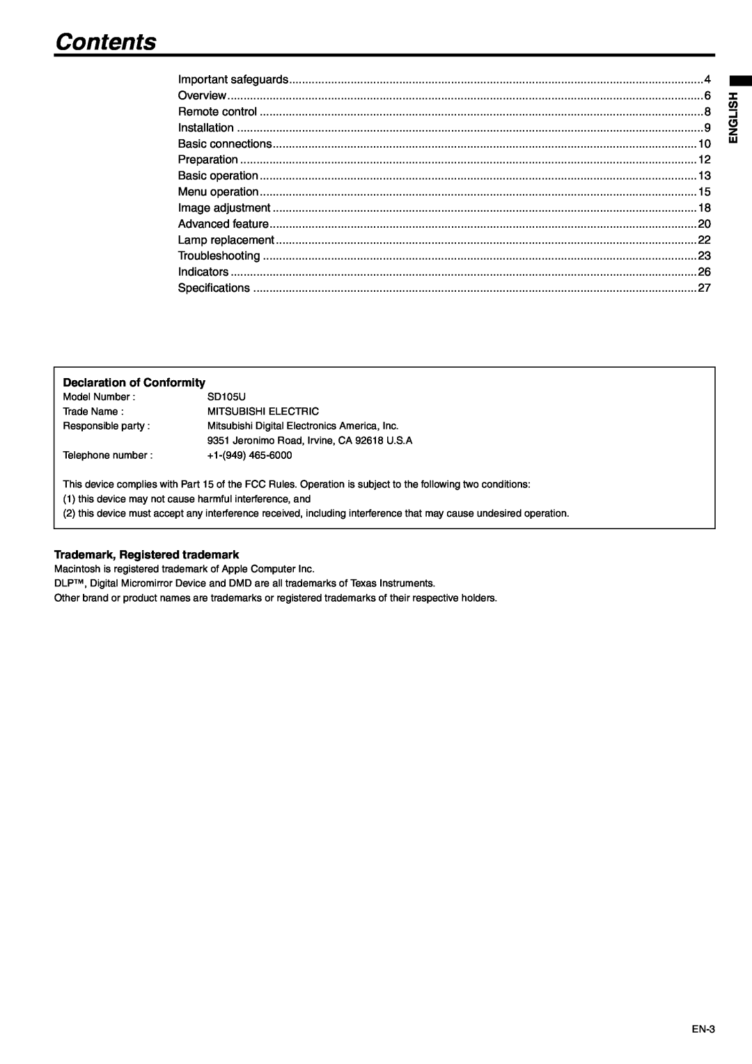 Mitsubishi Electronics SD105U user manual Contents, Declaration of Conformity, Trademark, Registered trademark, English 