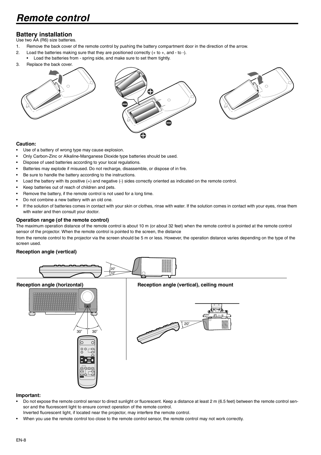 Mitsubishi Electronics SD105U user manual Remote control, Battery installation, Operation range of the remote control 