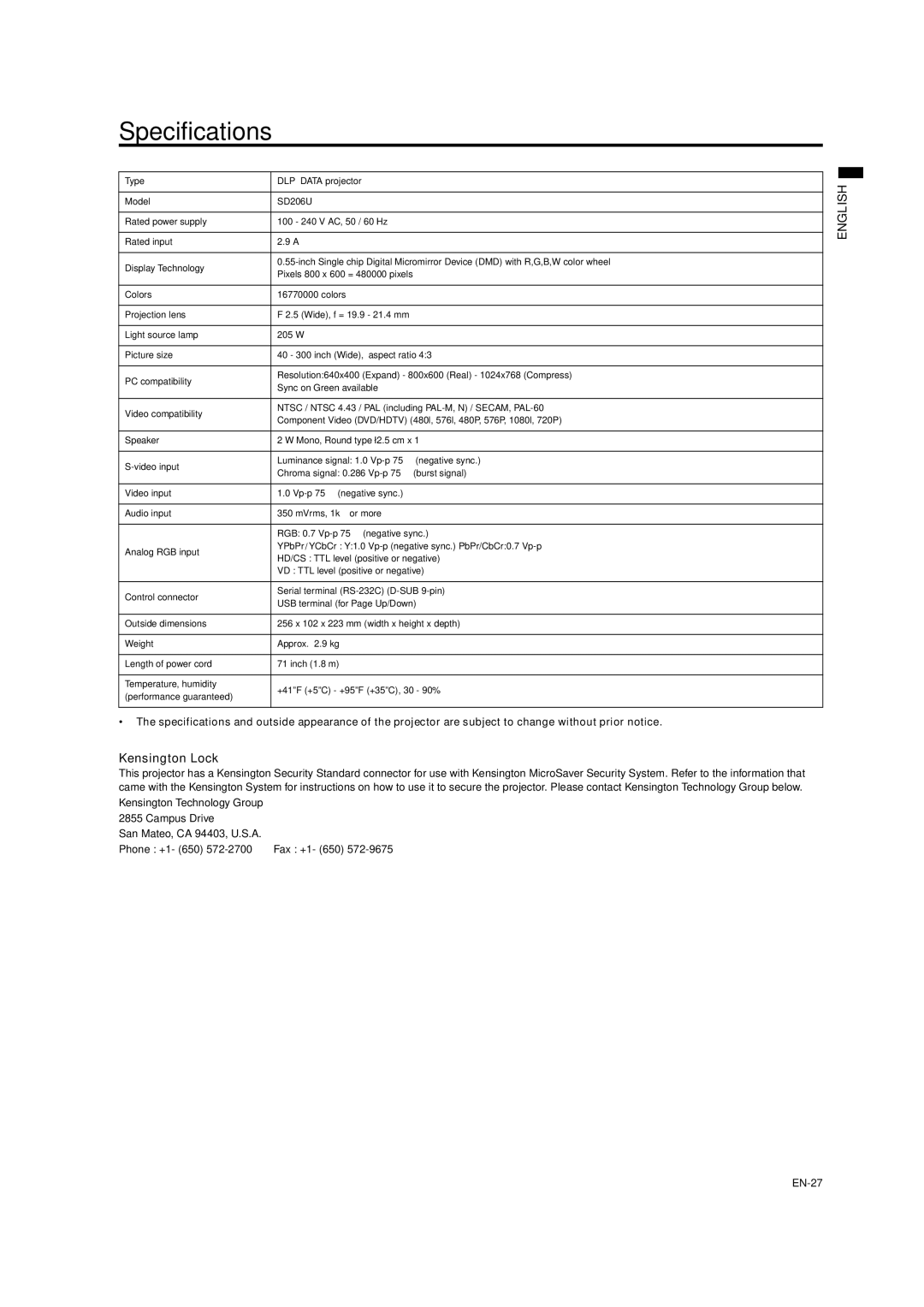 Mitsubishi Electronics SD206U user manual Specifications, Kensington Lock 