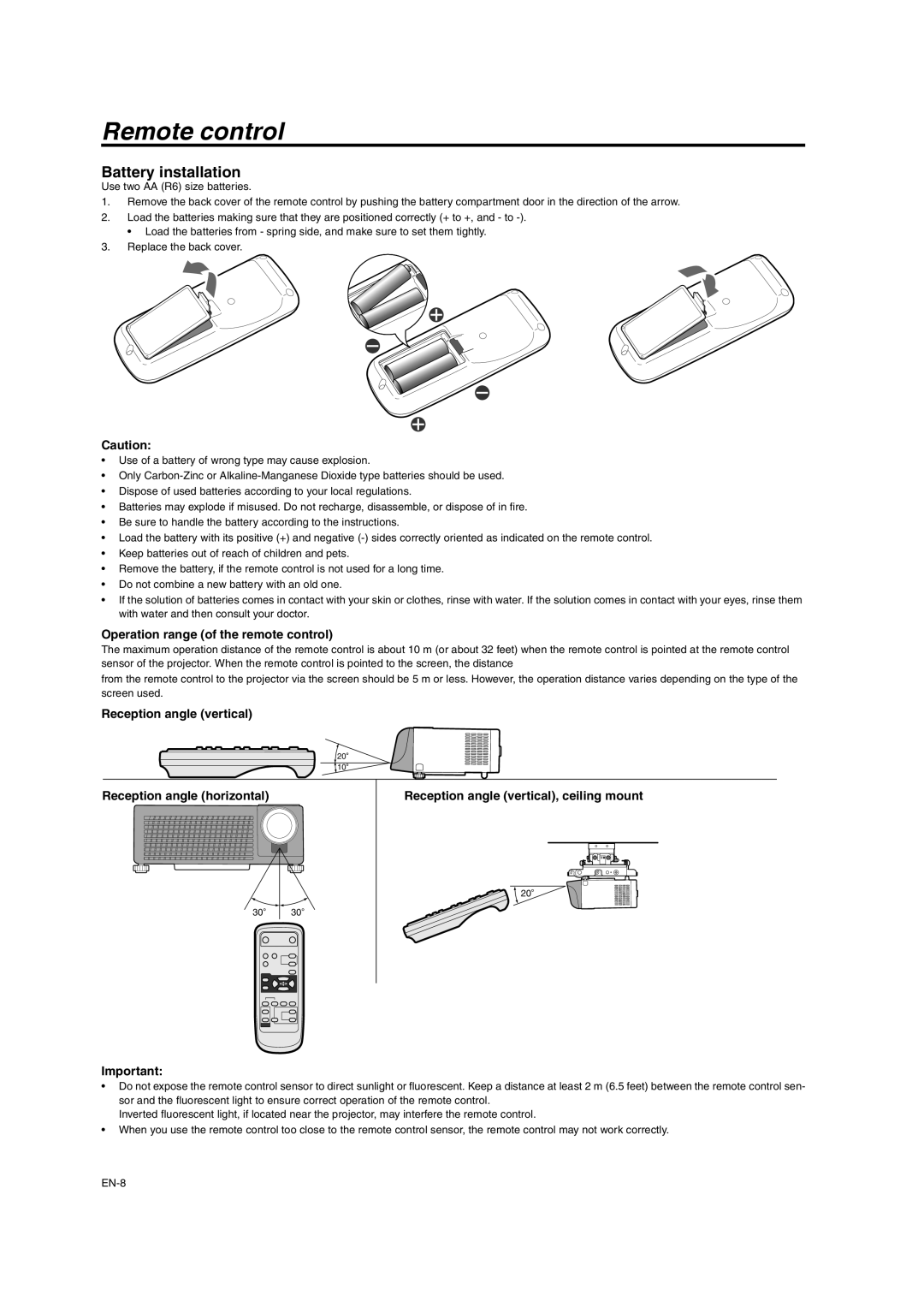 Mitsubishi Electronics SD206U user manual Remote control, Battery installation, Operation range of the remote control 