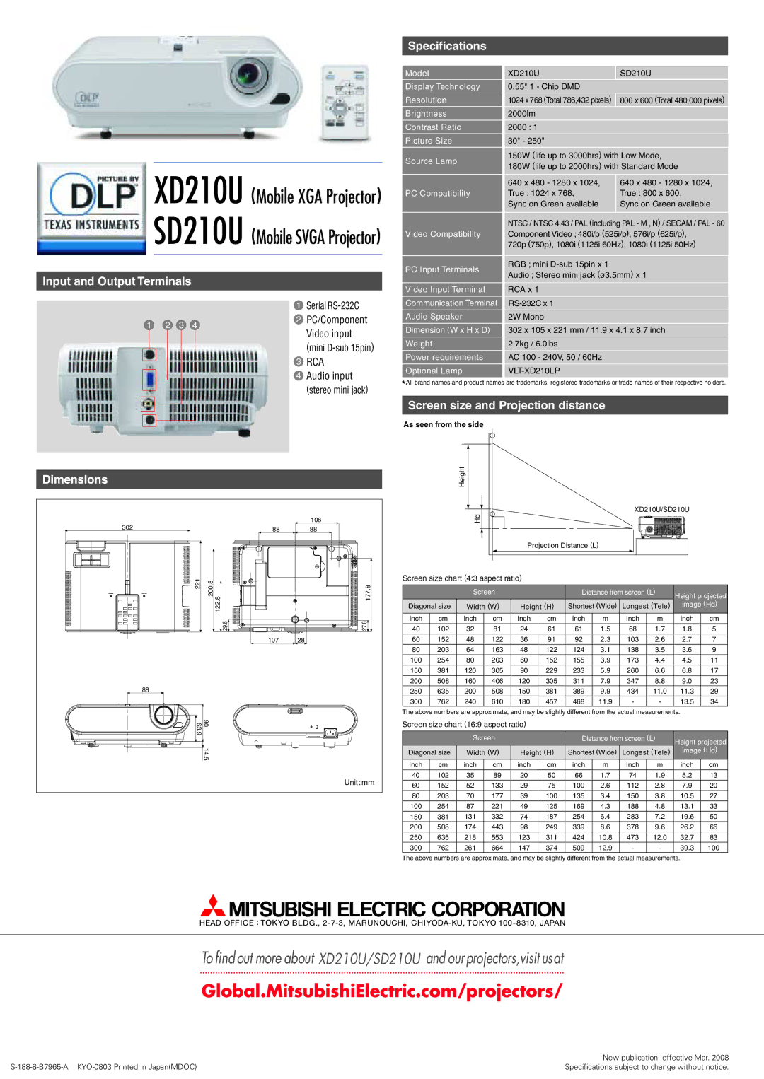 Mitsubishi Electronics SD210U, XD210U manual Input and Output Terminals, Specifications, Screen size and Projection distance 