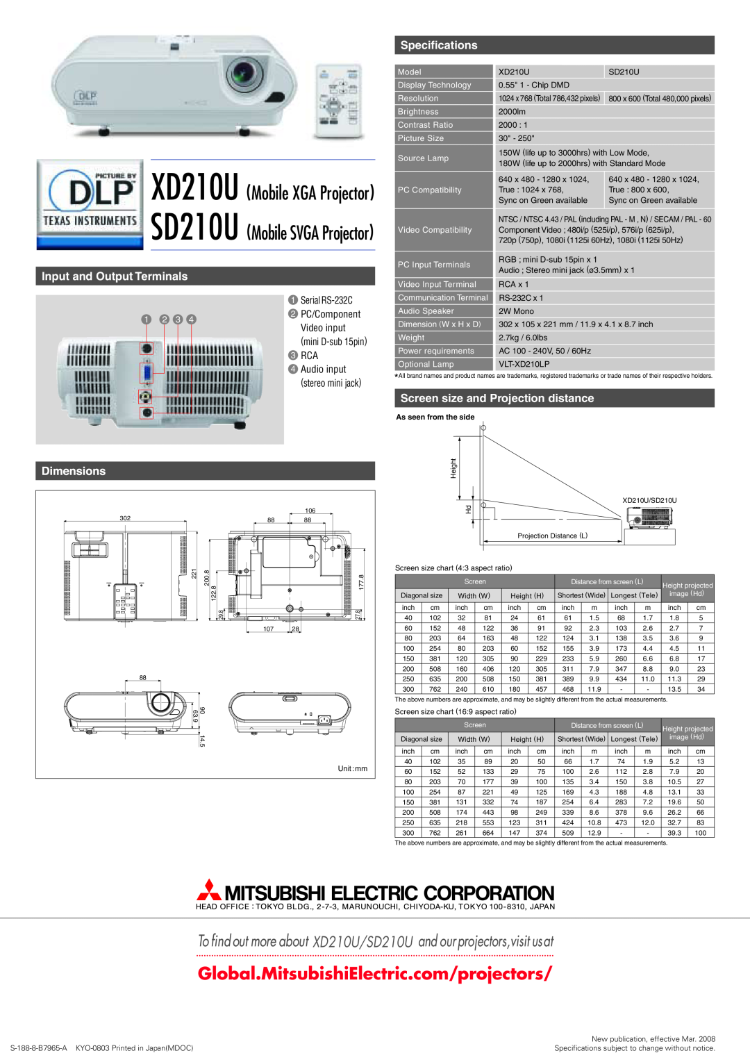 Mitsubishi Electronics manual XD210U/SD210U, XD210U Mobile XGA Projector, SD210U Mobile SVGA Projector, Specifications 