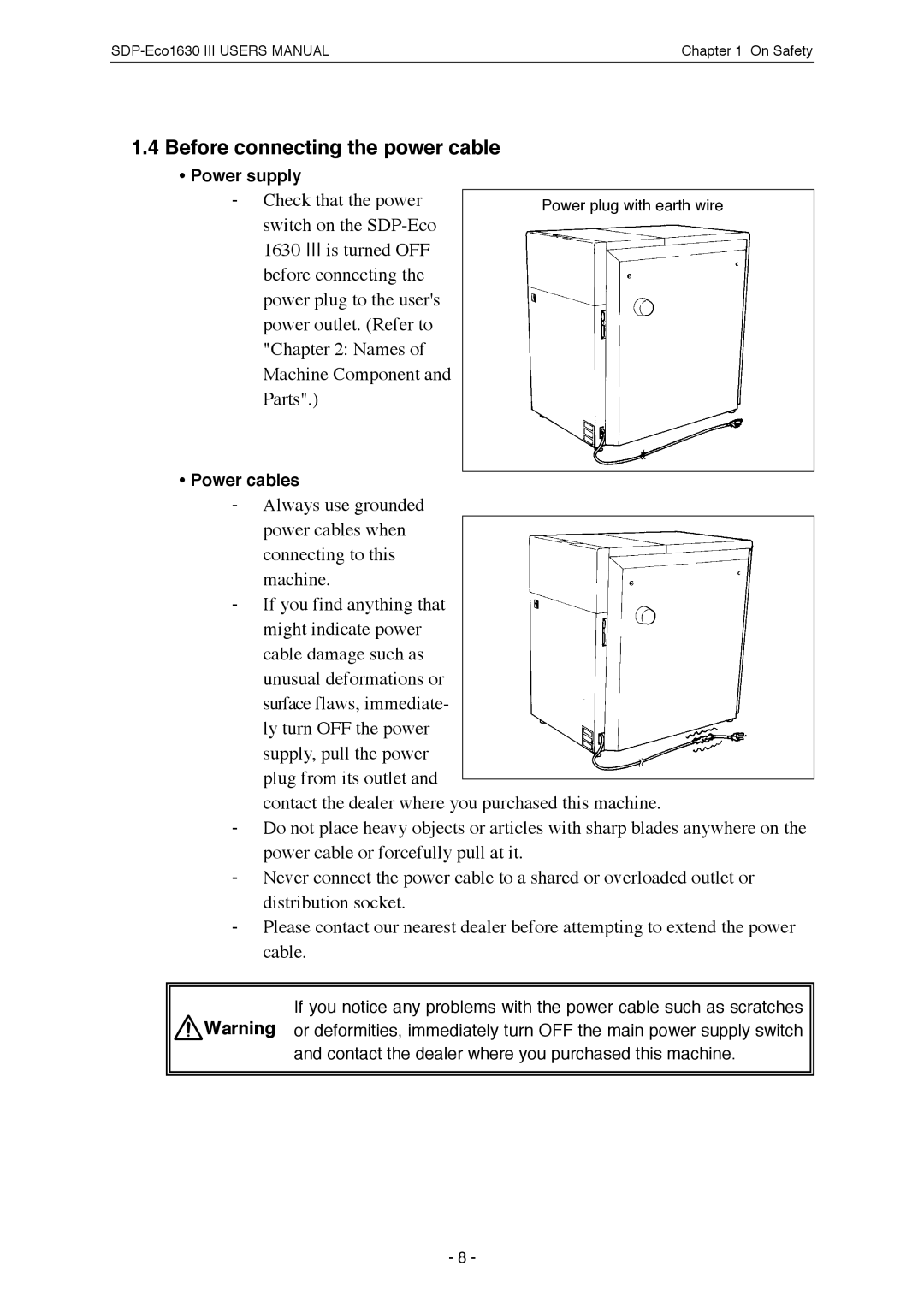 Mitsubishi Electronics SDP-ECO 1630 III manual Before connecting the power cable, Power cables 