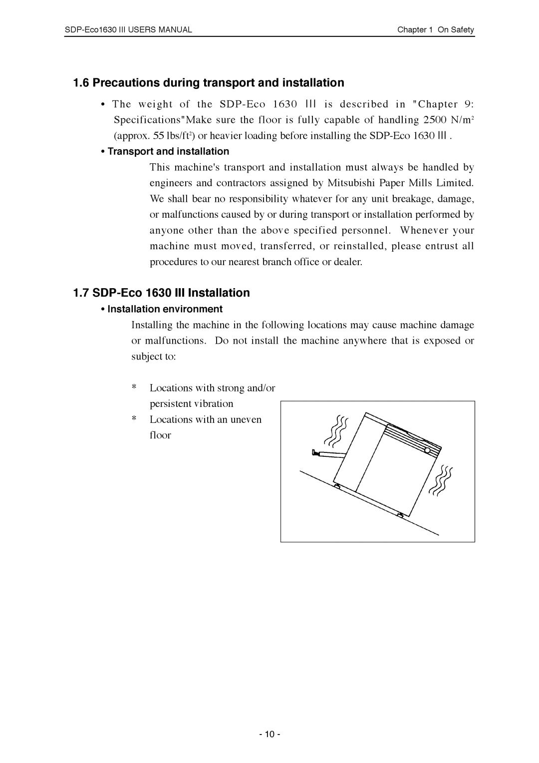 Mitsubishi Electronics SDP-ECO 1630 III manual Precautions during transport and installation, SDP-Eco 1630 III Installation 