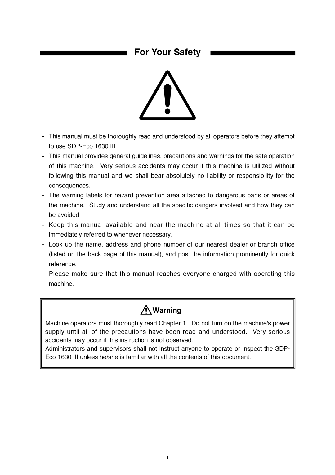 Mitsubishi Electronics SDP-ECO 1630 III manual For Your Safety 