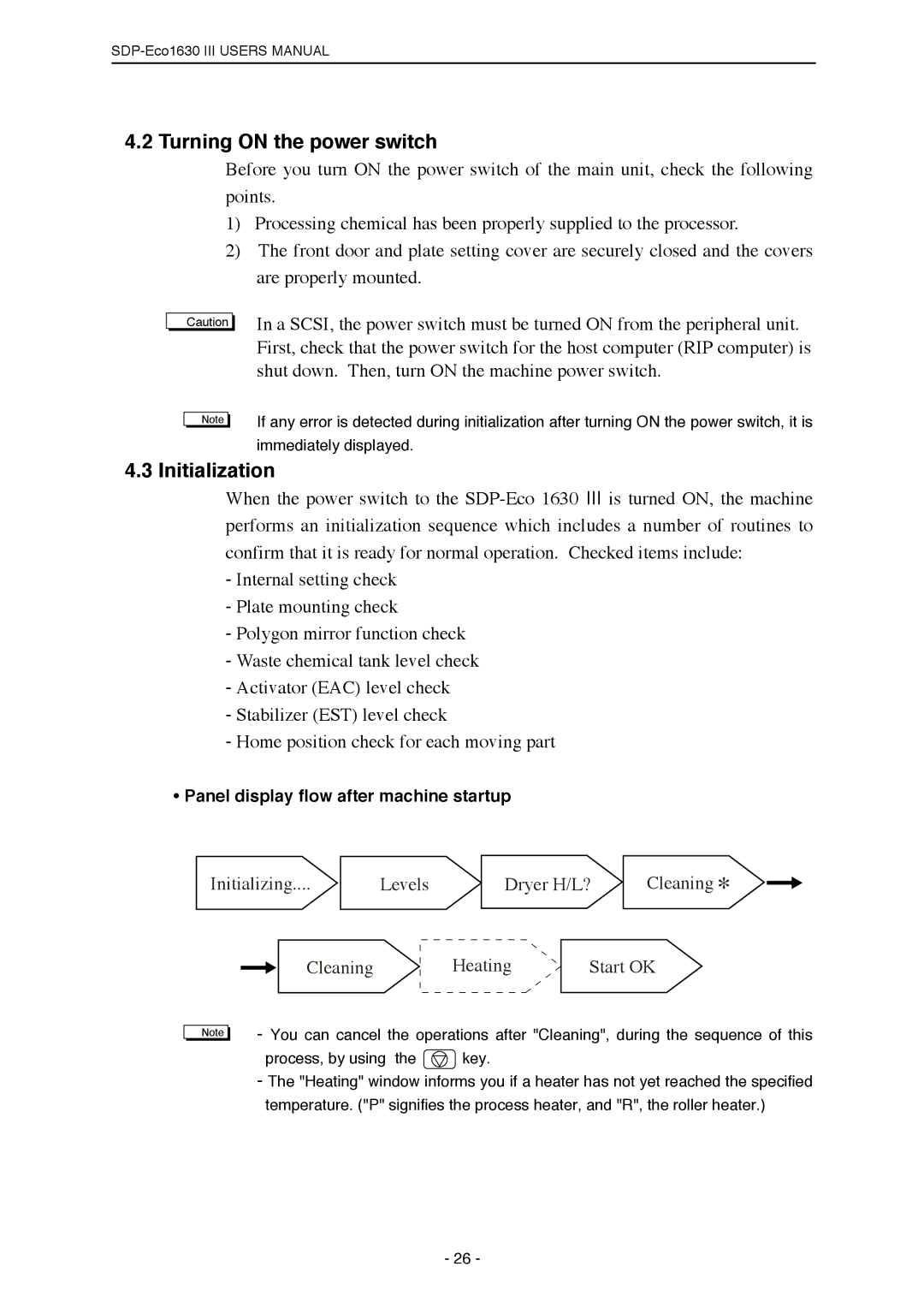 Mitsubishi Electronics SDP-ECO 1630 III manual Turning on the power switch, Initialization 