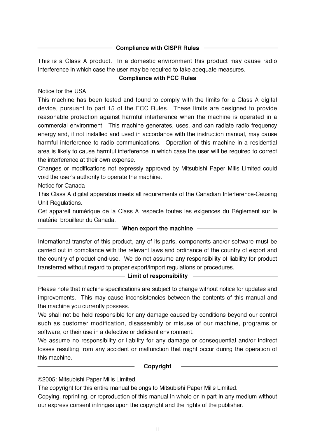 Mitsubishi Electronics SDP-ECO 1630 III Compliance with Cispr Rules, Compliance with FCC Rules, When export the machine 