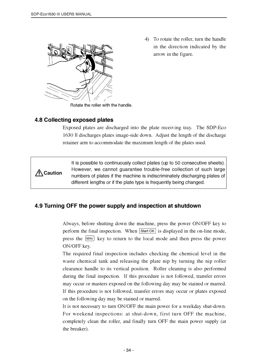 Mitsubishi Electronics SDP-ECO 1630 III Collecting exposed plates, Turning OFF the power supply and inspection at shutdown 