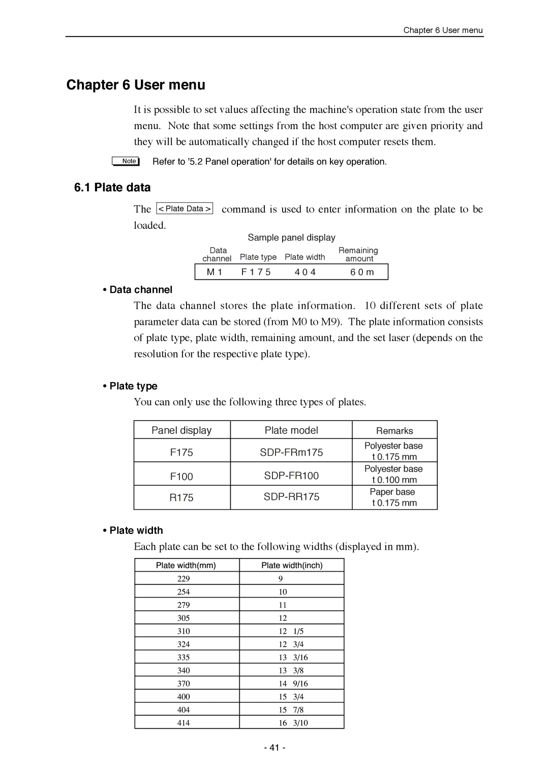 Mitsubishi Electronics SDP-ECO 1630 III manual User menu, Plate data, Data channel, Plate type, Plate width 