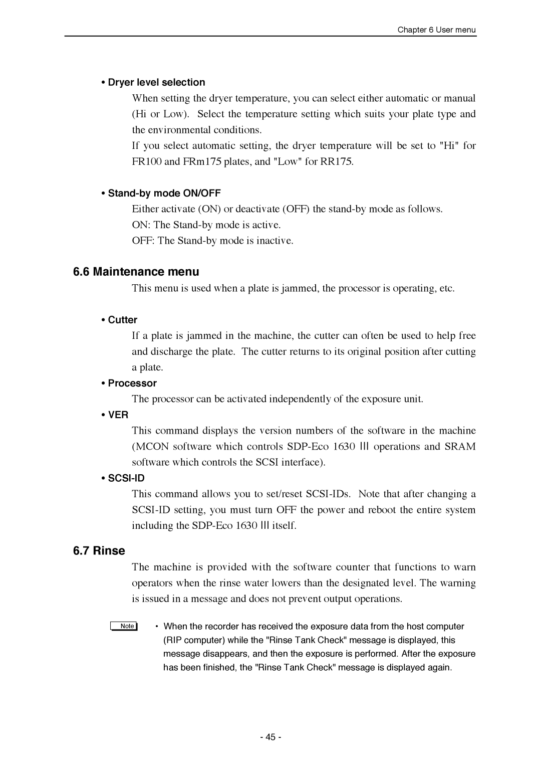 Mitsubishi Electronics SDP-ECO 1630 III manual Maintenance menu, Rinse 