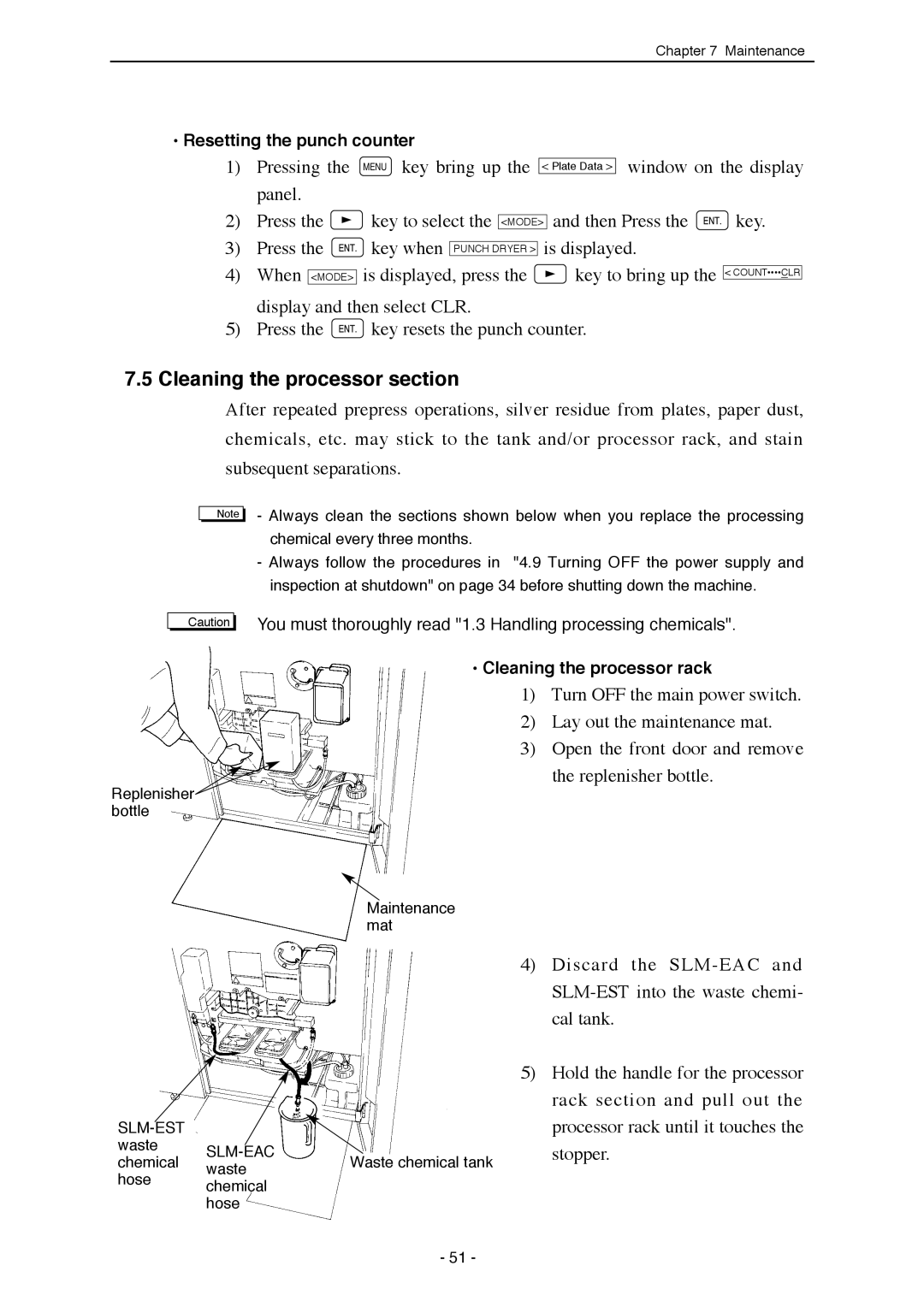 Mitsubishi Electronics SDP-ECO 1630 III manual Cleaning the processor section, Resetting the punch counter 