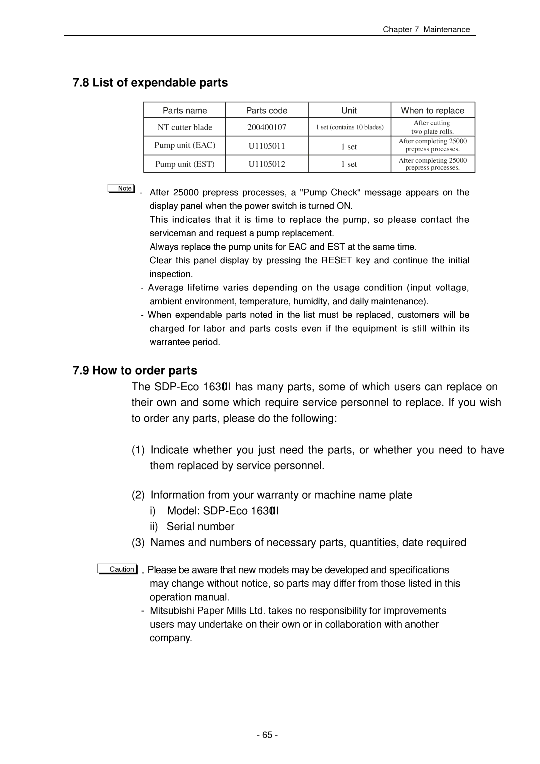 Mitsubishi Electronics SDP-ECO 1630 III manual List of expendable parts, How to order parts 