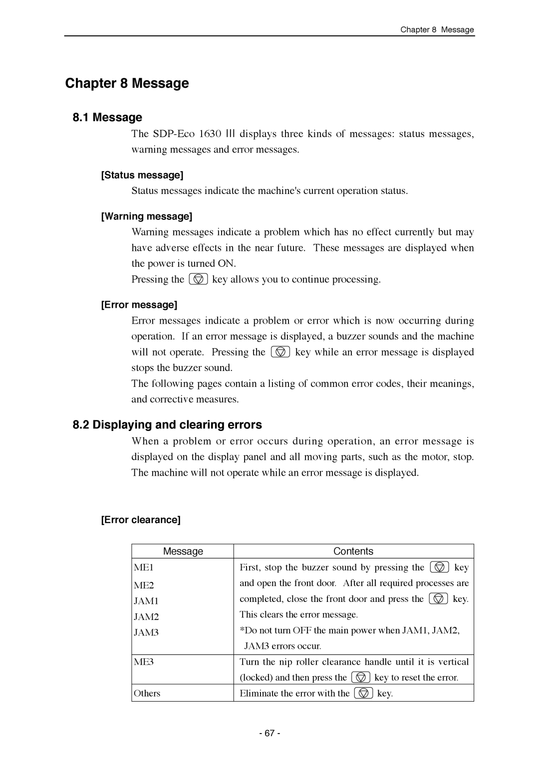 Mitsubishi Electronics SDP-ECO 1630 III manual Message, Displaying and clearing errors 