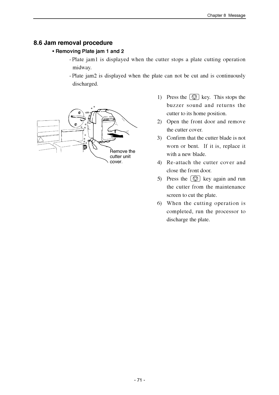 Mitsubishi Electronics SDP-ECO 1630 III manual Jam removal procedure, Removing Plate jam 1 