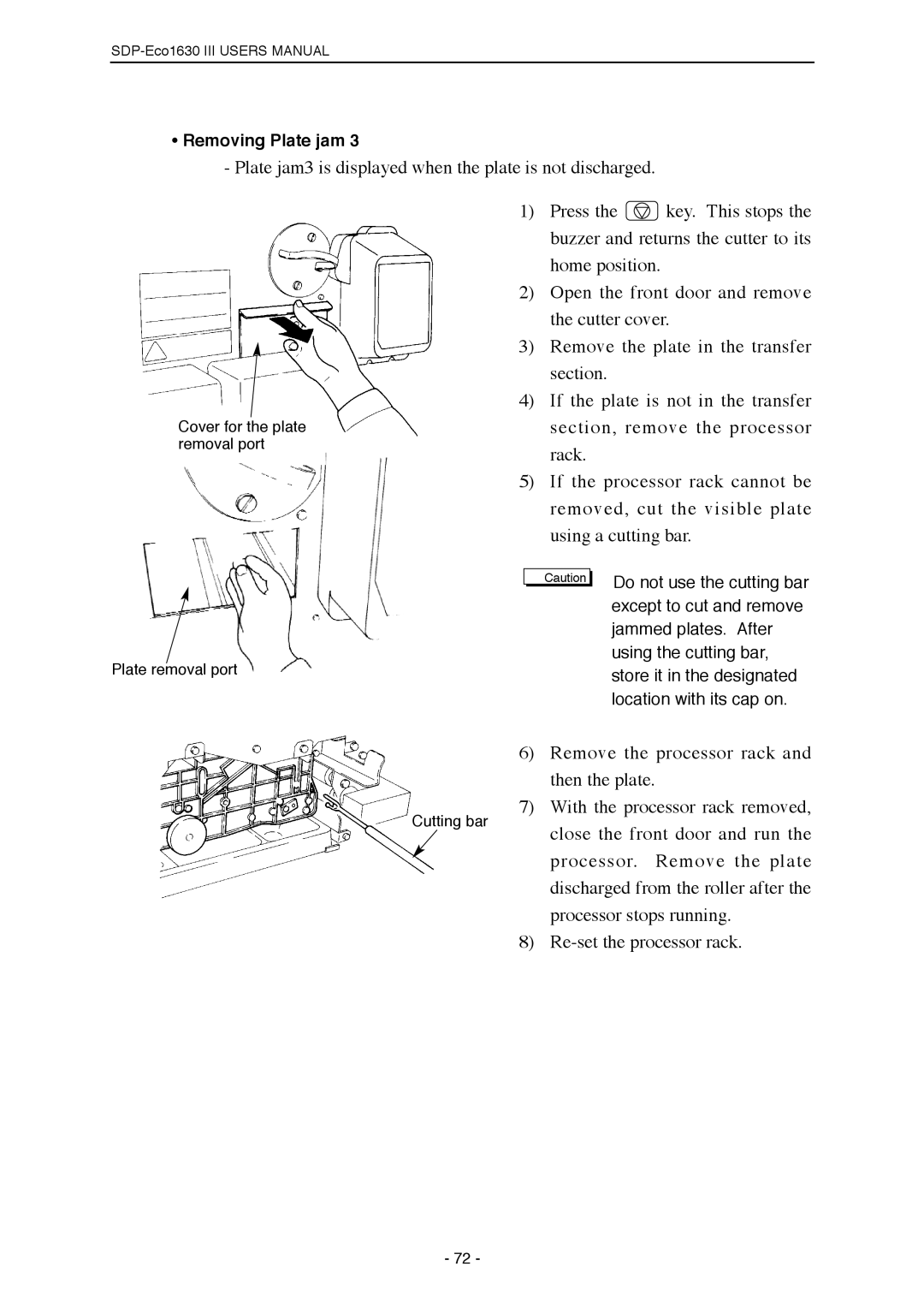 Mitsubishi Electronics SDP-ECO 1630 III manual Removing Plate jam 