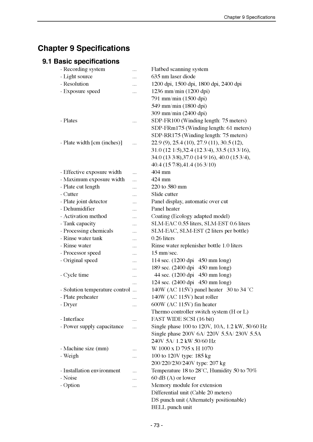 Mitsubishi Electronics SDP-ECO 1630 III manual Specifications, Basic specifications 