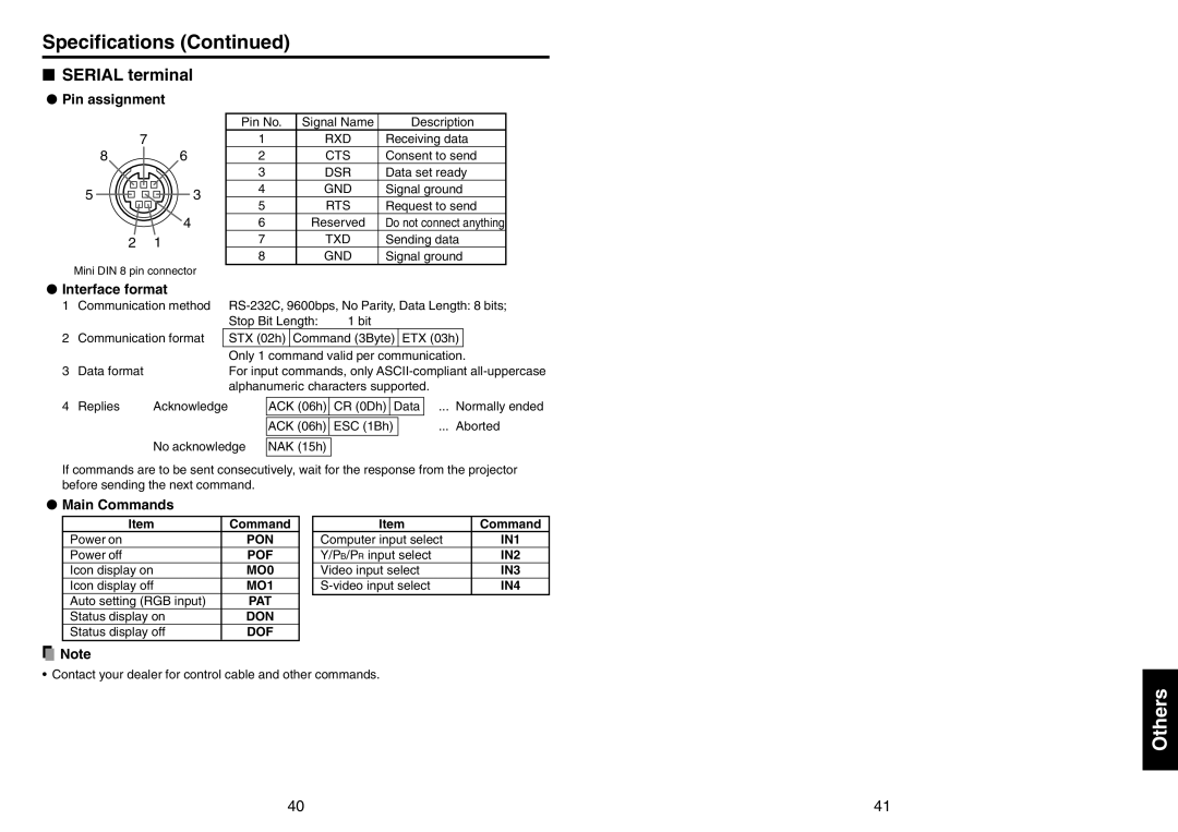 Mitsubishi Electronics SE1U user manual Serial terminal, Pin assignment, Interface format, Main Commands 