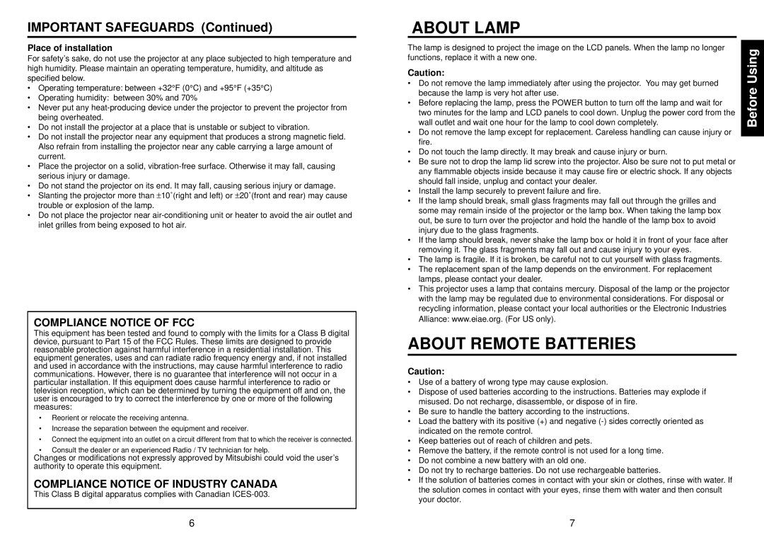 Mitsubishi Electronics SE1U user manual About Lamp, About Remote Batteries, Place of installation 