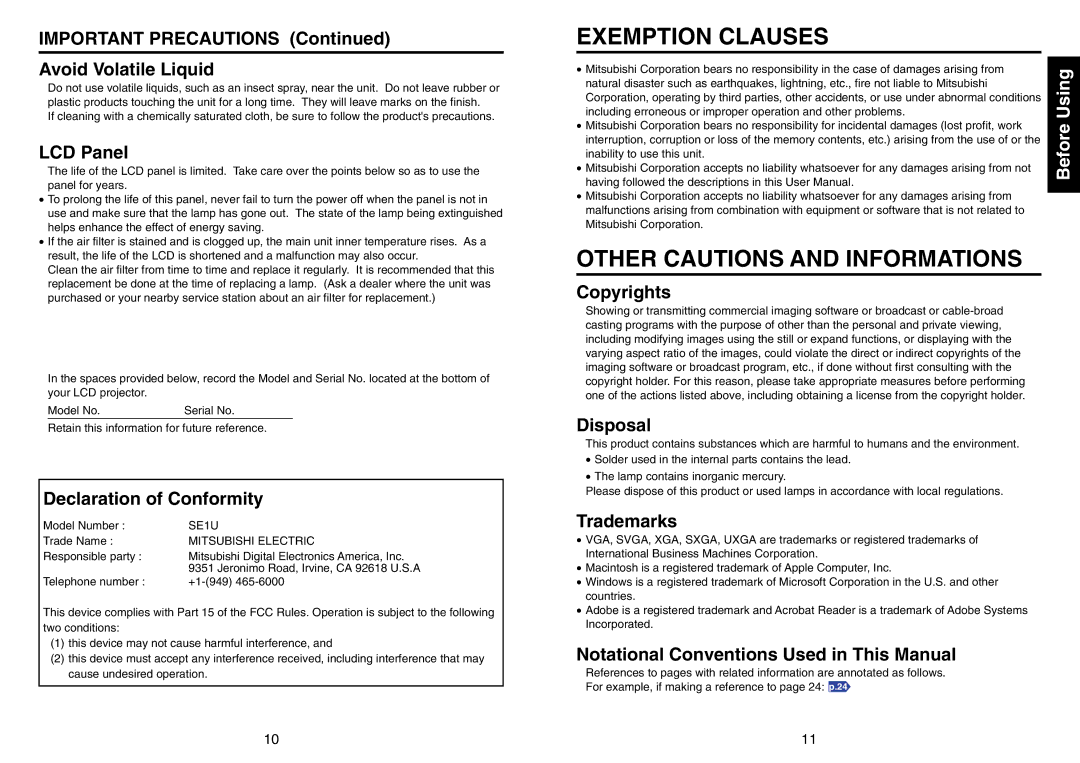 Mitsubishi Electronics SE1U user manual Exemption Clauses, Other Cautions and Informations 