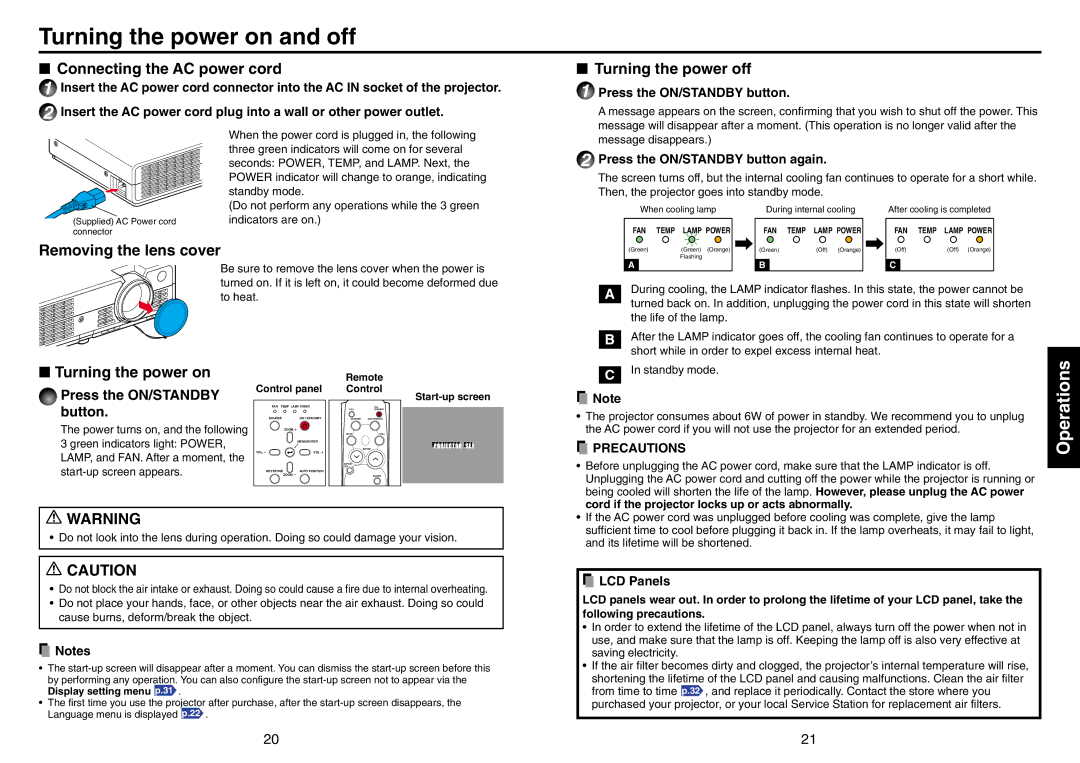 Mitsubishi Electronics SE1U user manual Turning the power on and off, Connecting the AC power cord, Turning the power off 