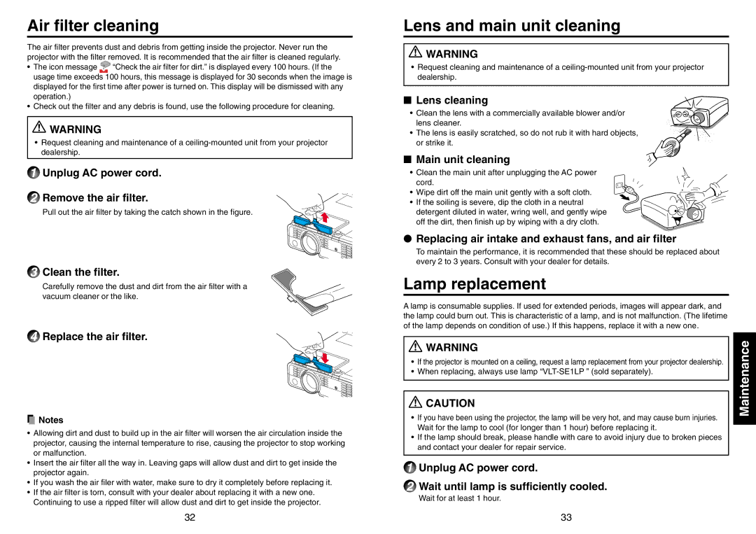 Mitsubishi Electronics SE1U user manual Air filter cleaning, Lens and main unit cleaning, Lamp replacement, Maintenance 