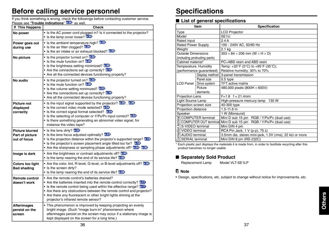 Mitsubishi Electronics SE1U Before calling service personnel, Specifications, Others, List of general specifications 