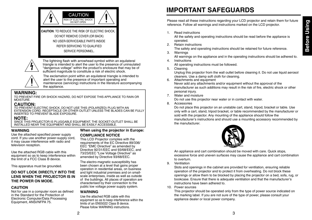 Mitsubishi Electronics SE1U user manual Important Safeguards, Before Using, When using the projector in Europe 