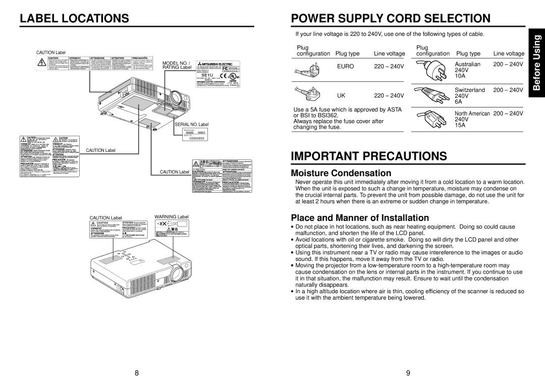 Mitsubishi Electronics SE1U Label Locations, Power Supply Cord Selection, Important Precautions, Moisture Condensation 