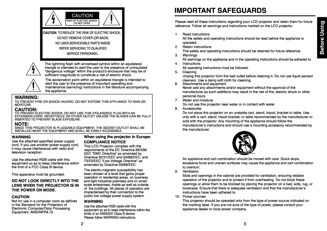 Mitsubishi Electronics SE1U Important Safeguards, Before Using, When using the projector in Europe COMPLIANCE NOTICE 
