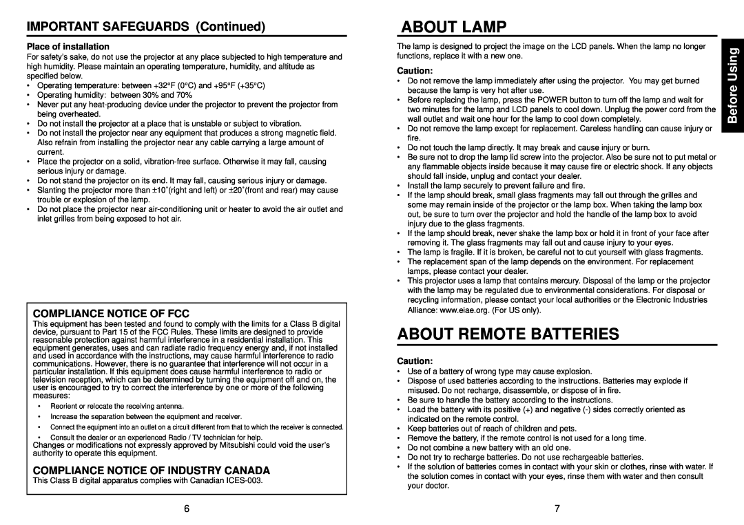 Mitsubishi Electronics SE1U user manual About Lamp, About Remote Batteries, Compliance Notice Of Fcc, Place of installation 
