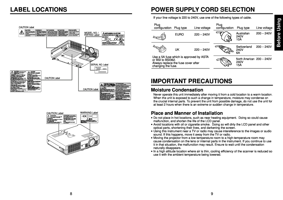 Mitsubishi Electronics SE1U Label Locations, Power Supply Cord Selection, Important Precautions, Moisture Condensation 