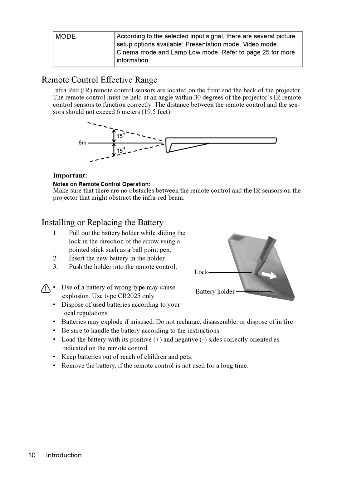 Mitsubishi Electronics SE2U user manual Remote Control Effective Range, Installing or Replacing the Battery 