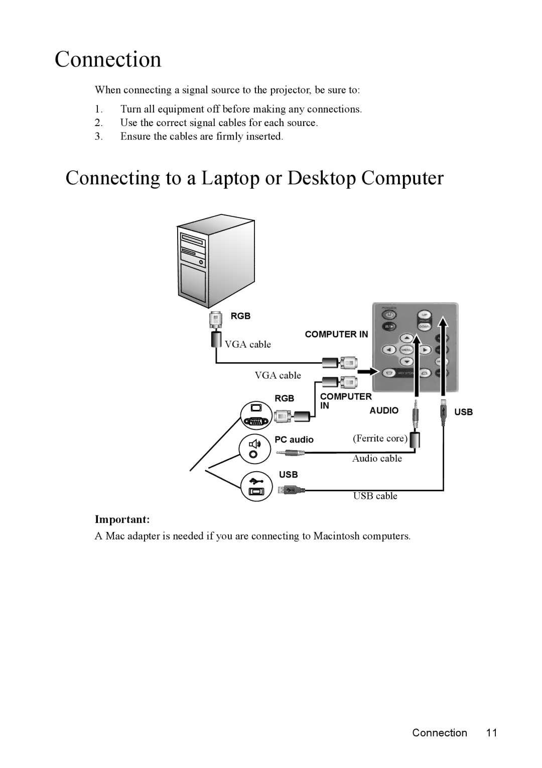 Mitsubishi Electronics SE2U user manual Connection, Connecting to a Laptop or Desktop Computer 