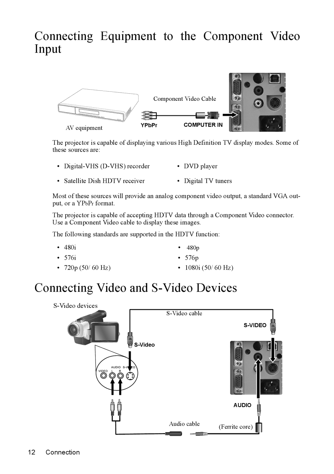 Mitsubishi Electronics SE2U Connecting Equipment to the Component Video Input, Connecting Video and S-Video Devices 