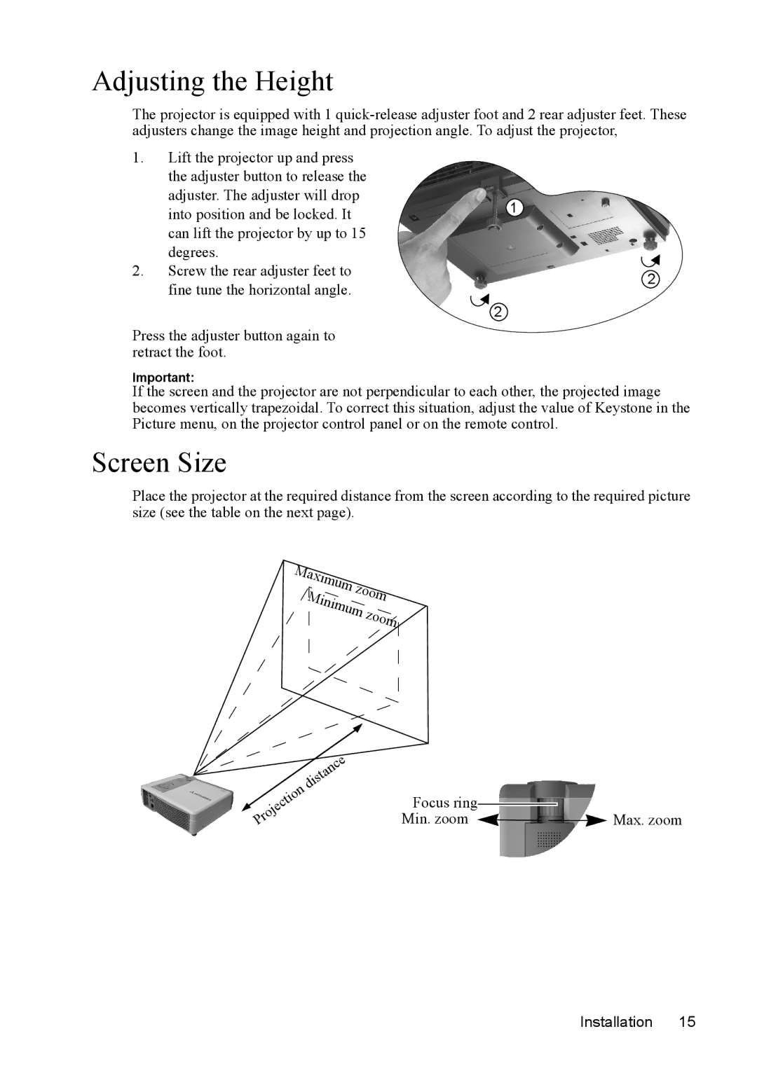 Mitsubishi Electronics SE2U user manual Adjusting the Height, Screen Size 