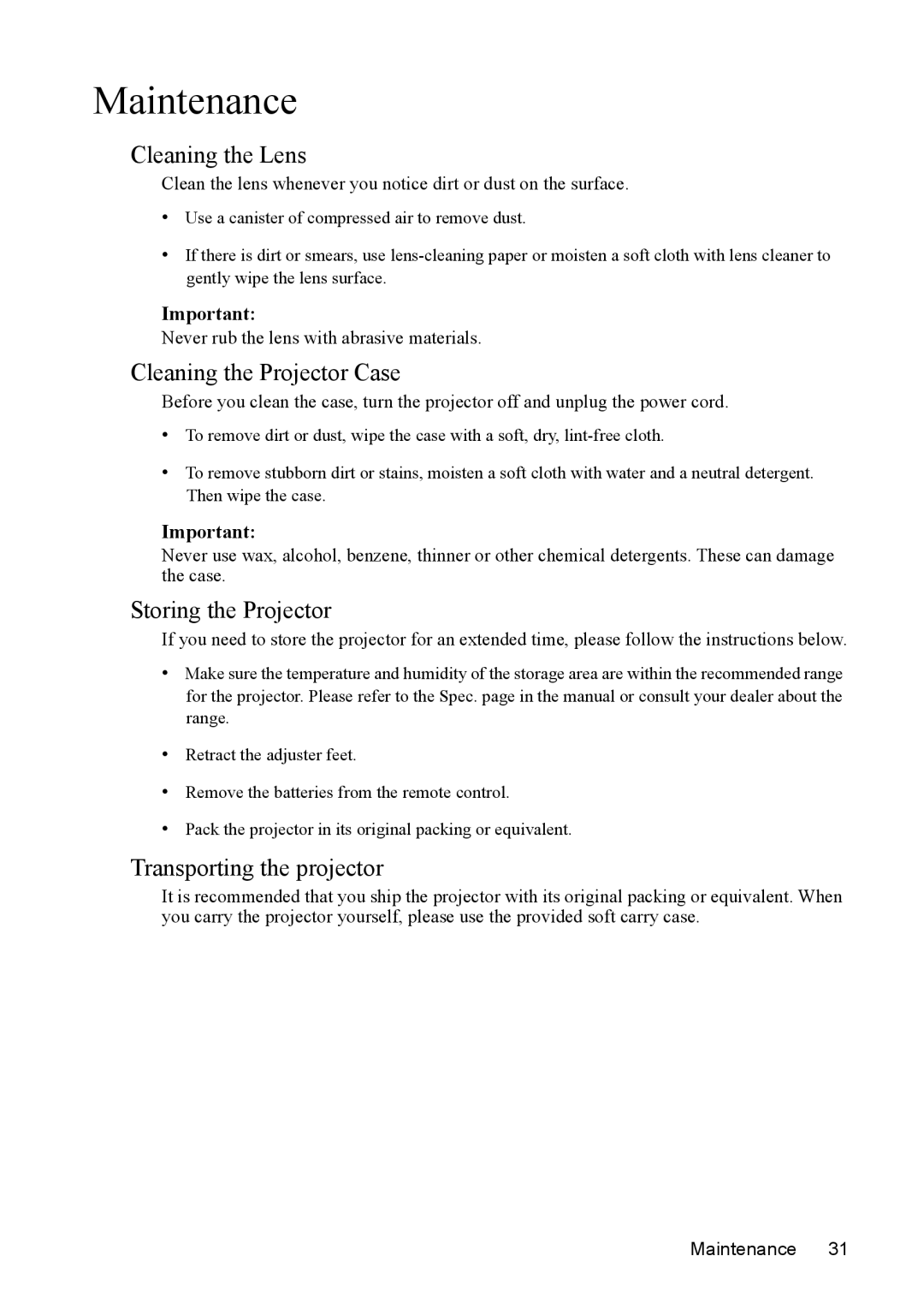 Mitsubishi Electronics SE2U user manual Maintenance, Cleaning the Lens, Cleaning the Projector Case, Storing the Projector 