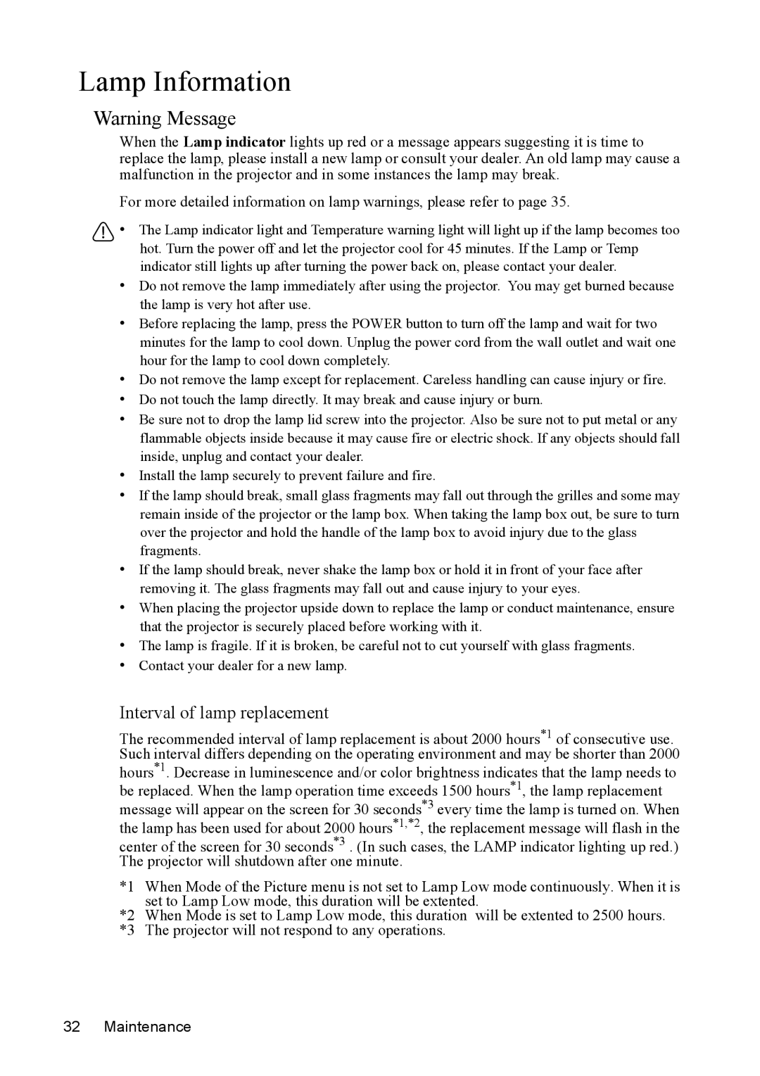 Mitsubishi Electronics SE2U user manual Lamp Information, Interval of lamp replacement 