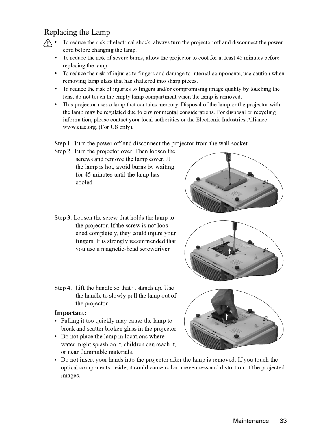 Mitsubishi Electronics SE2U user manual Replacing the Lamp 