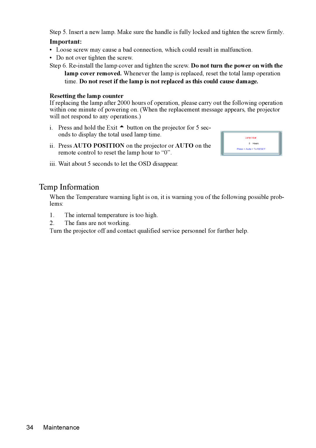 Mitsubishi Electronics SE2U user manual Temp Information, Resetting the lamp counter 