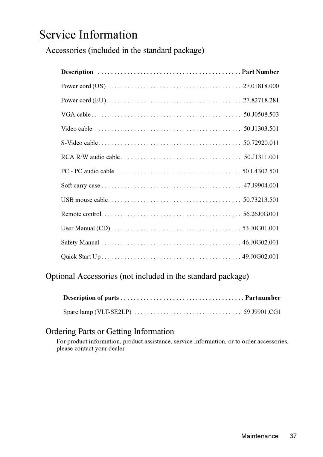 Mitsubishi Electronics SE2U user manual Service Information, Accessories included in the standard package 