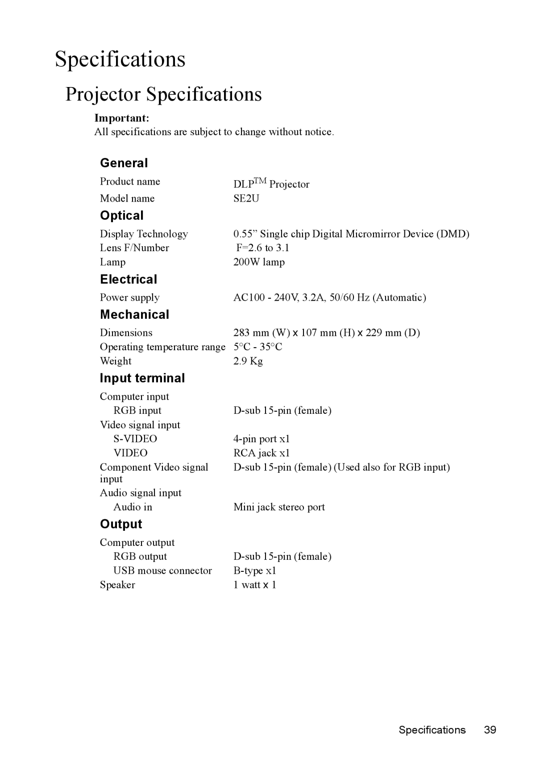 Mitsubishi Electronics SE2U user manual Projector Specifications 