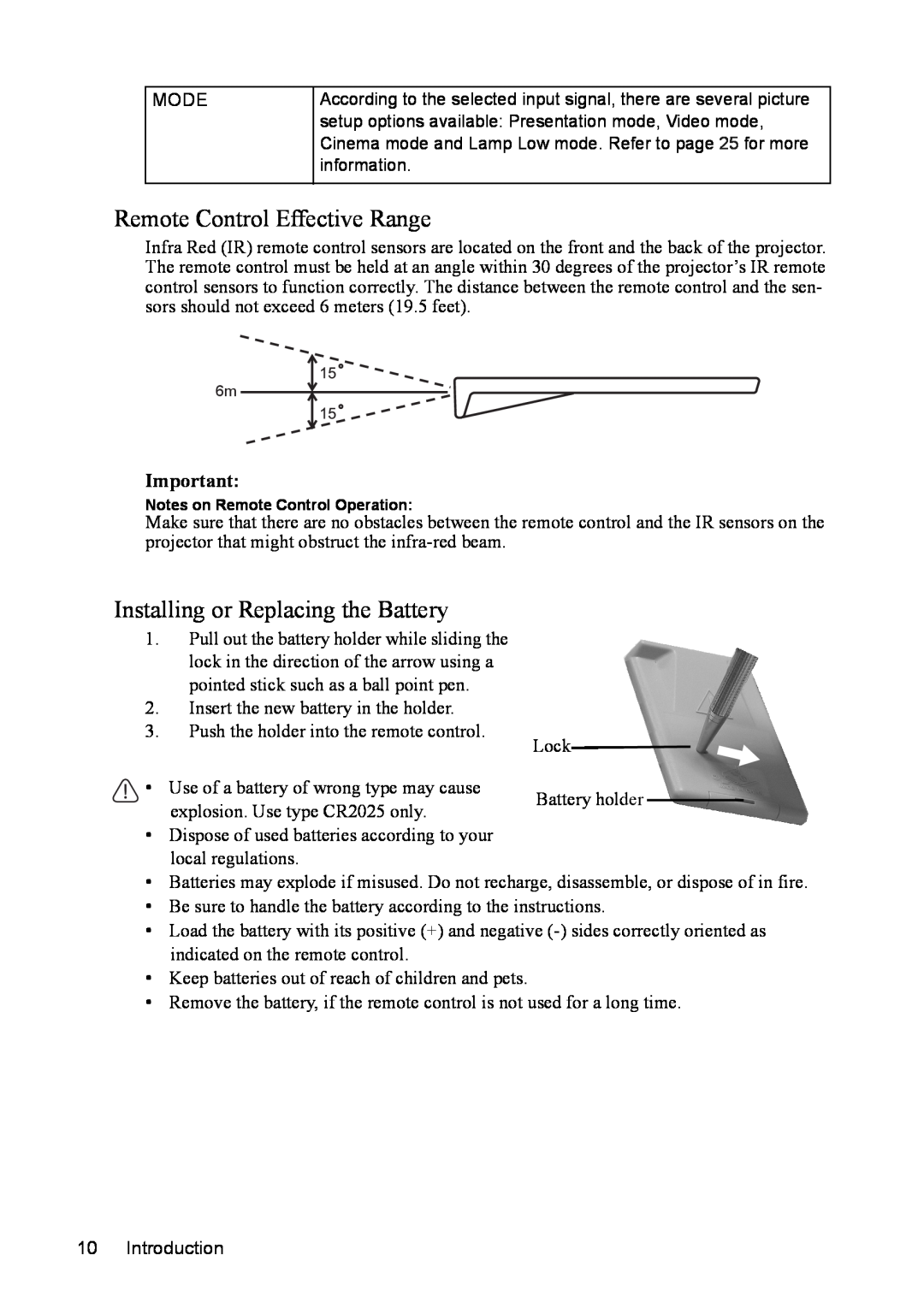 Mitsubishi Electronics SE2U user manual Remote Control Effective Range, Installing or Replacing the Battery 