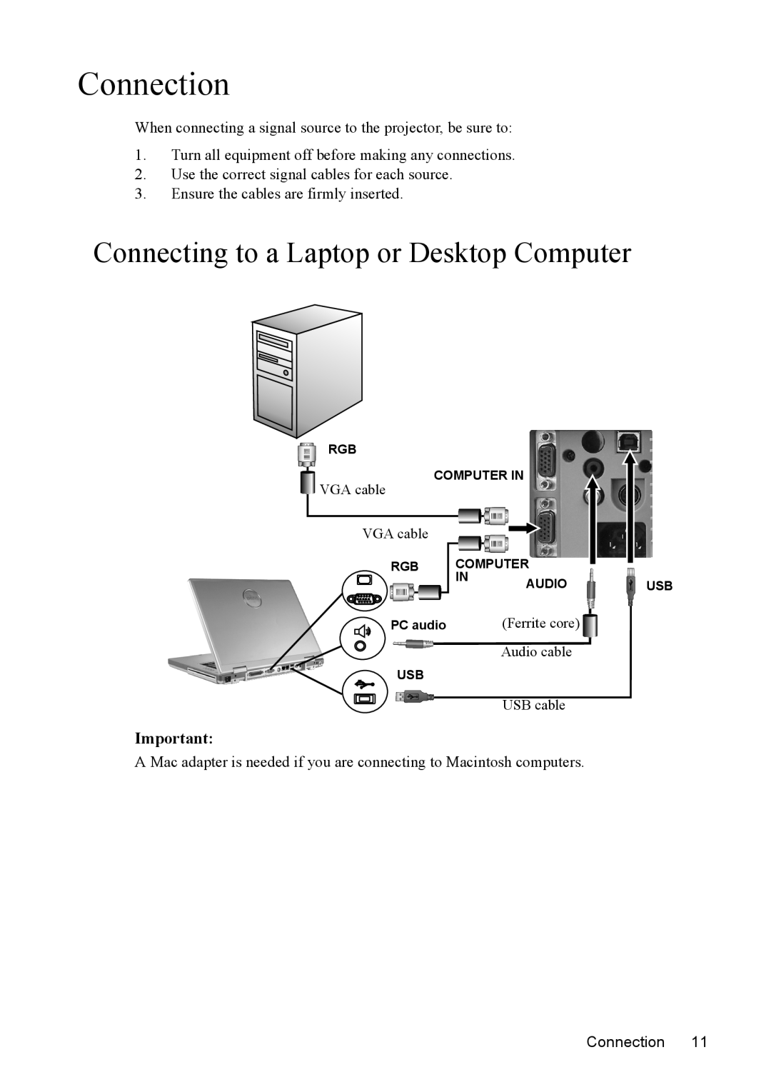 Mitsubishi Electronics SE2U user manual Connection, Connecting to a Laptop or Desktop Computer 
