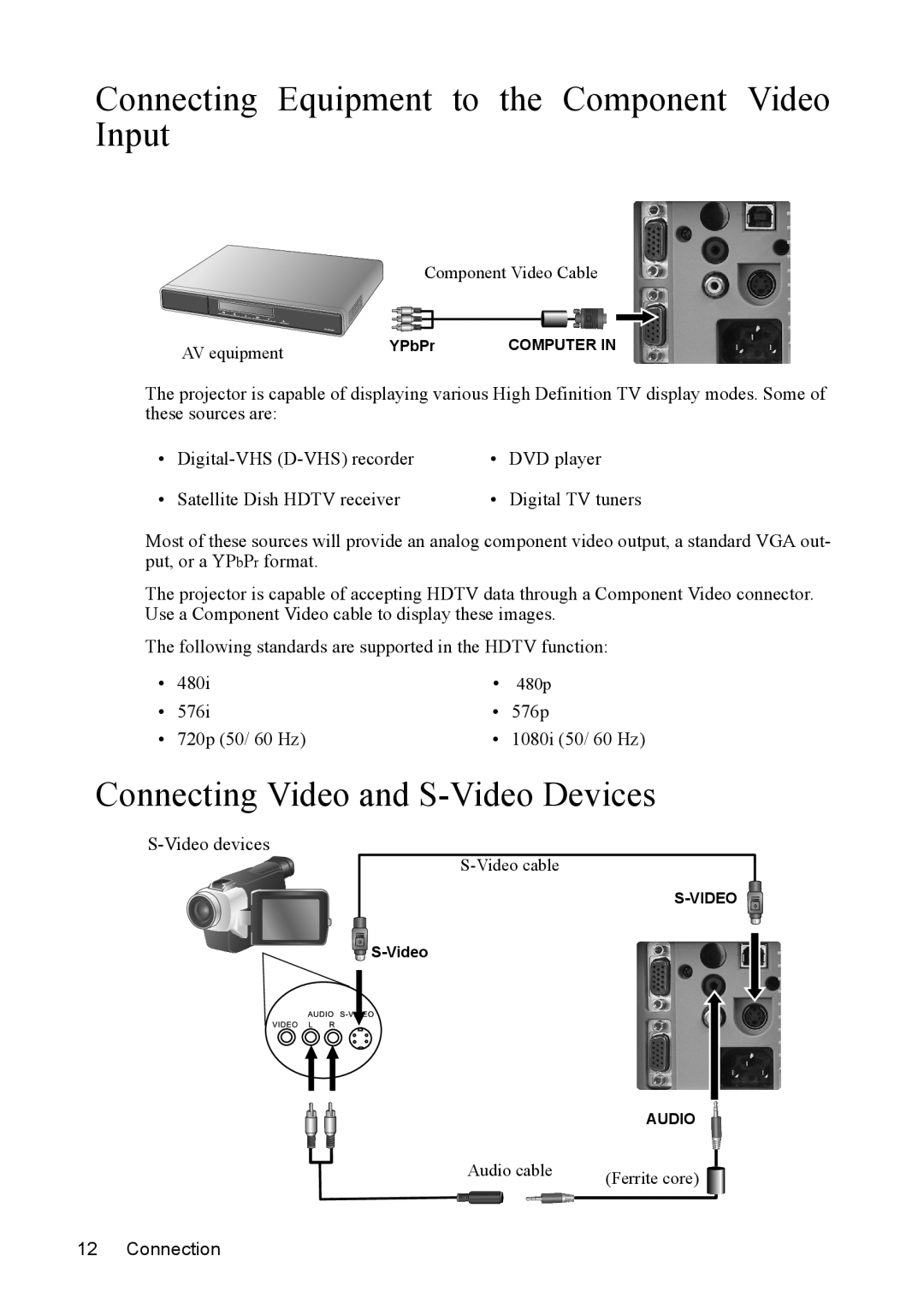 Mitsubishi Electronics SE2U Connecting Equipment to the Component Video Input, Connecting Video and S-Video Devices 