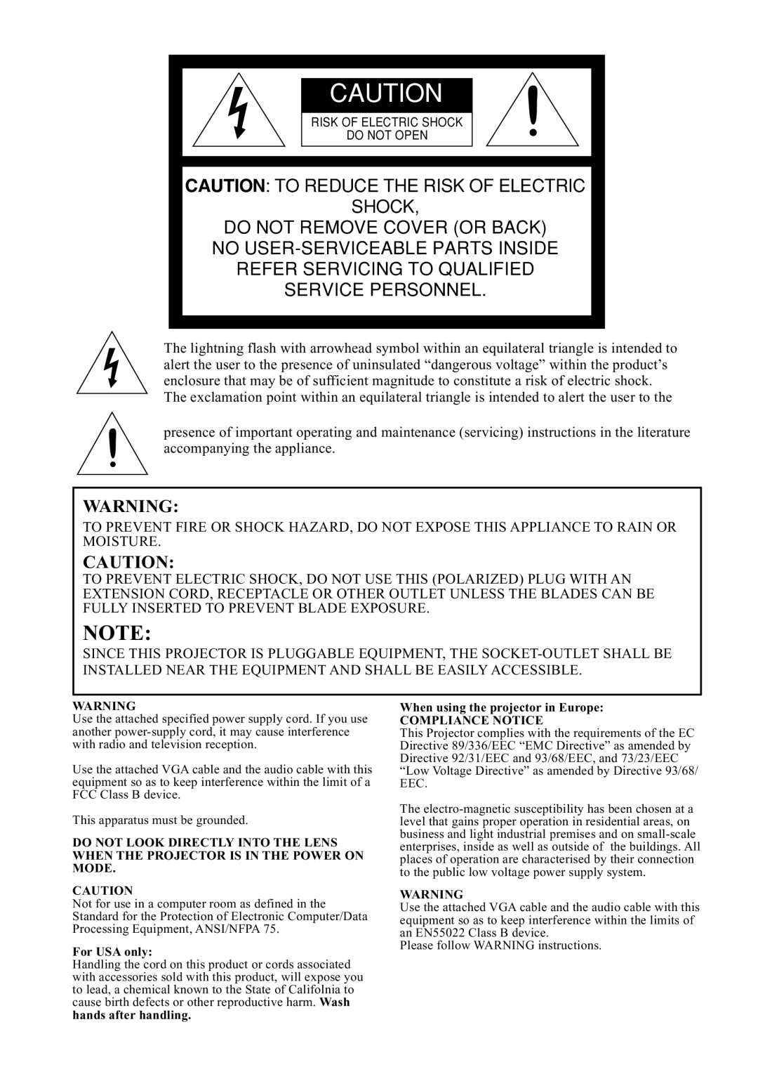 Mitsubishi Electronics SE2U Caution To Reduce The Risk Of Electric Shock, Refer Servicing To Qualified Service Personnel 